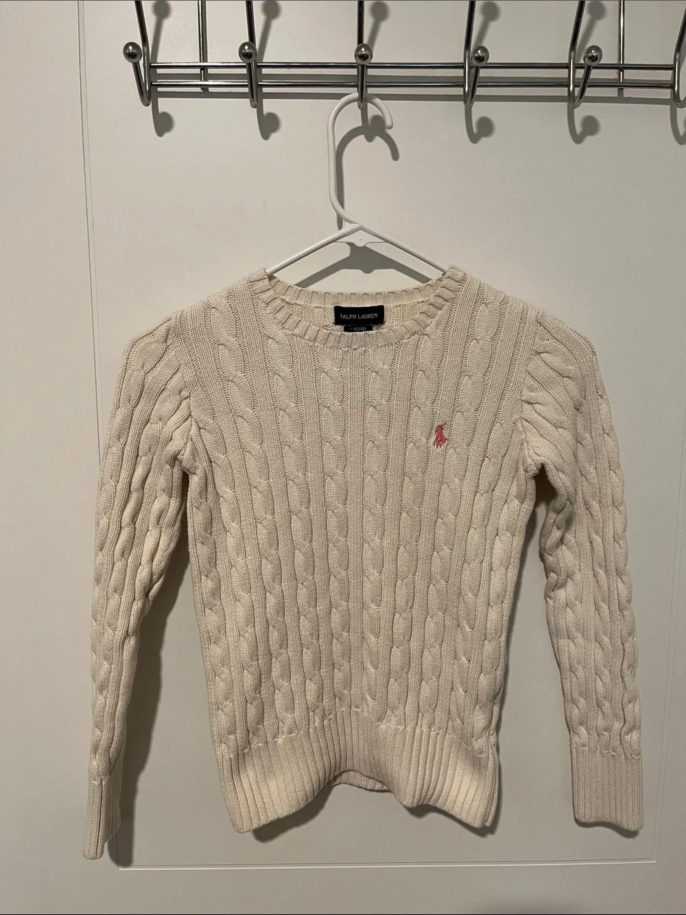 Ralph Lauren Off White Cable Knit Pink Pony Youth Sweater Classic Preppy